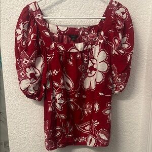 Ann Taylor Red Puff Sleeve Smocked Blouse
